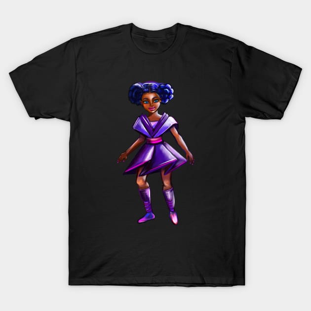 Anime girl with two puffs. Back lit. Black afro anime girl in purple from outer space ! beautiful  black girl with Braided hair, blue eyes, Cherry pink lips and dark brown skin. Hair love ! T-Shirt by Artonmytee